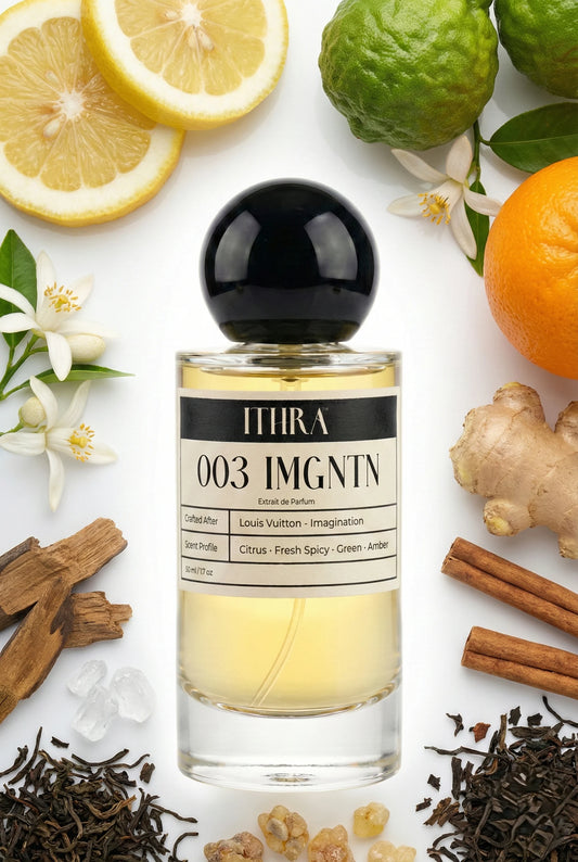 003 IMGNTN perfume bottle styled with bergamot Sicilian orange neroli ginger cinnamon black tea guaiac wood fragrance ingredients, crisp, fresh and radiant notes