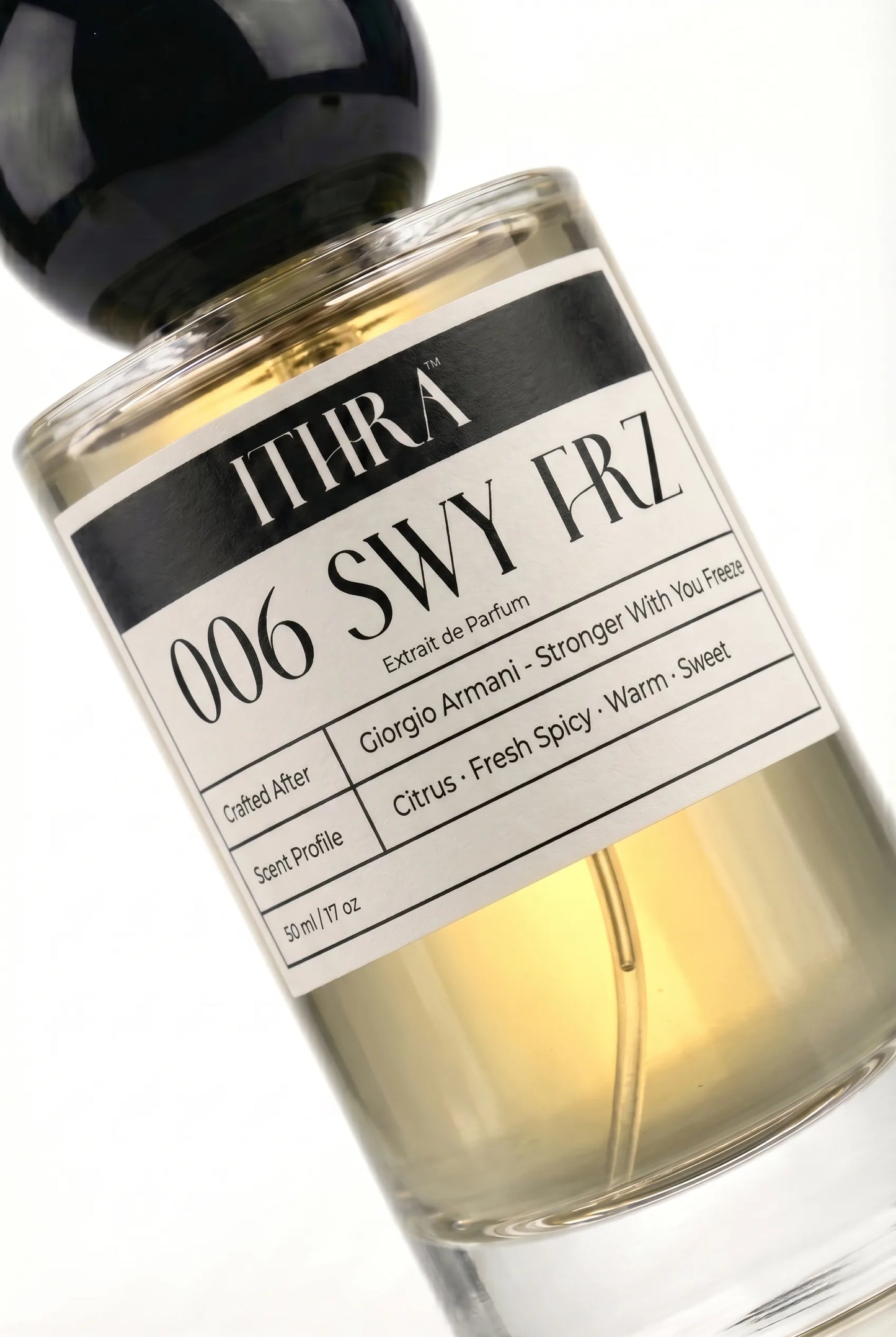 Close-up of 006 SWY FRZ perfume label by Ithra Perfumes, citrus fresh spicy sweet warm, available in 50ml and 100ml