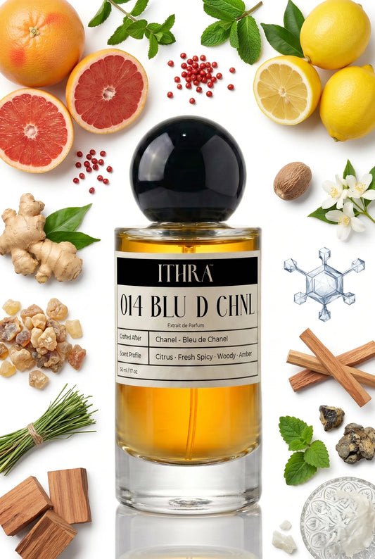 014 BLU D CHNL perfume bottle styled with grapefruit, pink pepper, vetiver and cedar fragrance ingredients, clean, textured, fresh and radiant notes