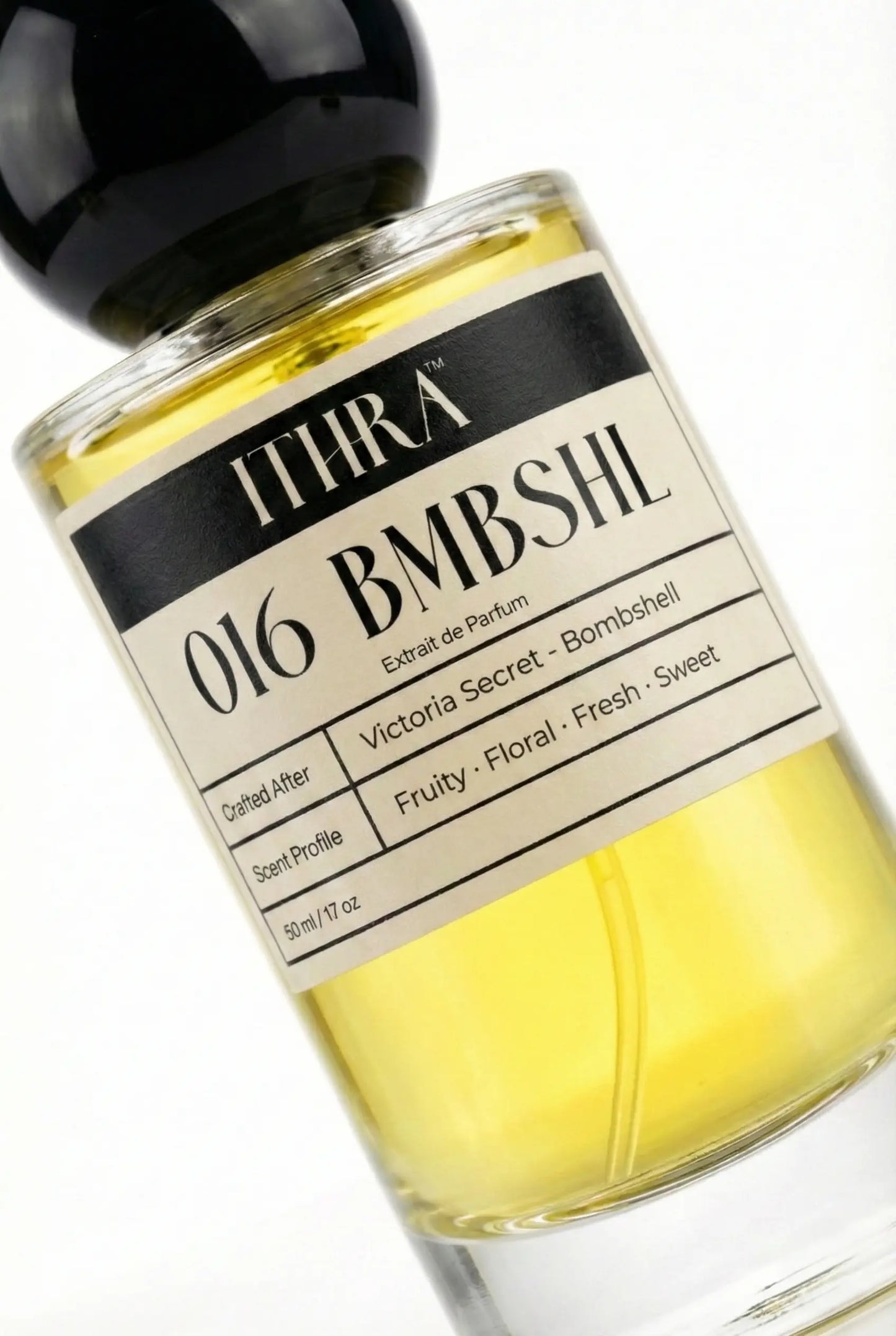 Close-up of 016 BMBSHL perfume by Ithra, fruity floral fresh sweet extrait de parfum available in 50ml and 100ml