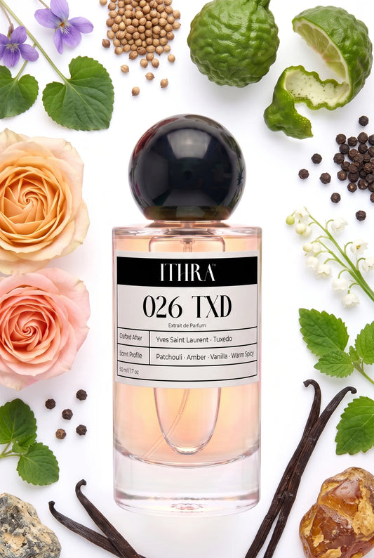 026 TXD perfume bottle styled with bergamot, rose, patchouli and bourbon vanilla fragrance ingredients, polished, dark, deep and sensual notes