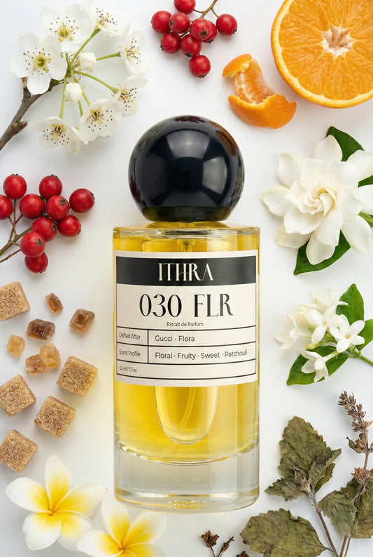 030 FLR perfume bottle styled with soft floral and sweet fragrance ingredients, gentle, elegant, soft and alluring notes
