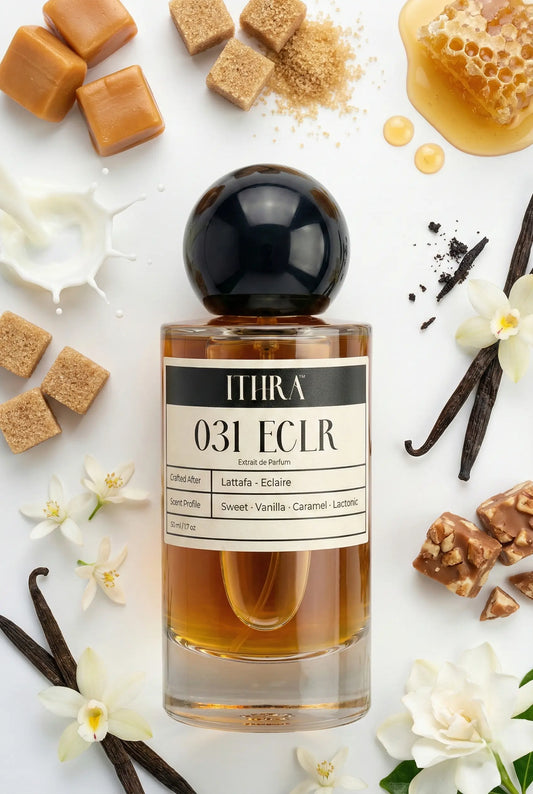 031 ECLR perfume bottle styled with vanilla and caramel fragrance ingredients, creamy, inviting, soft and alluring notes