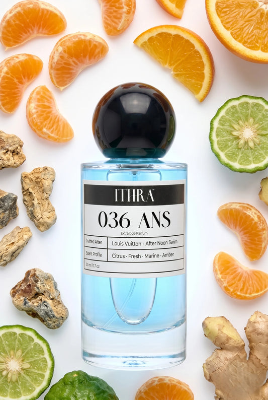 036 ANS perfume bottle styled with mandarin, bergamot, ginger and ambergris fragrance ingredients, golden, airy, fresh and radiant notes