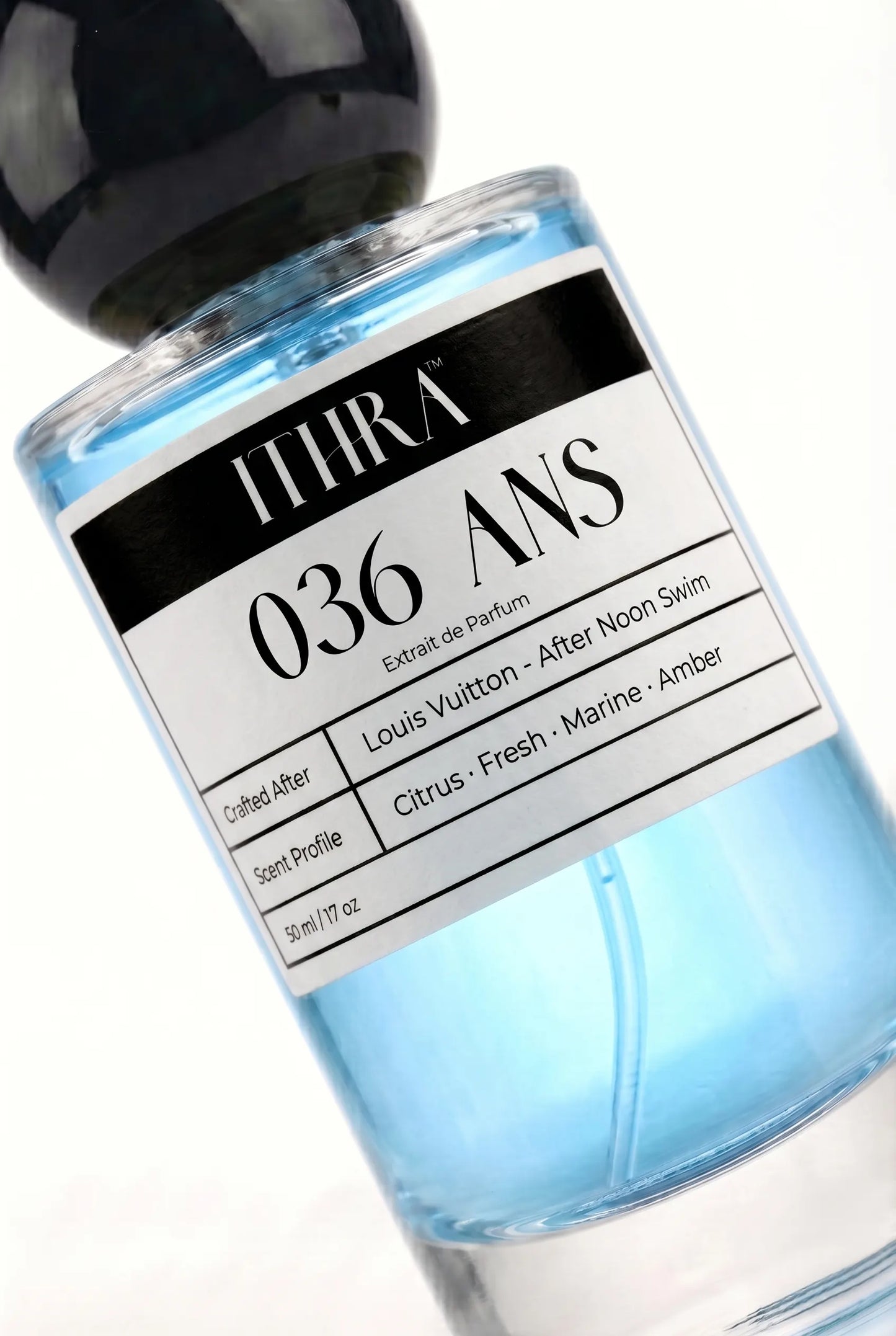 Close-up of 036 ANS perfume by Ithra Perfumes, citrus fresh marine amber, available in 50ml and 100ml