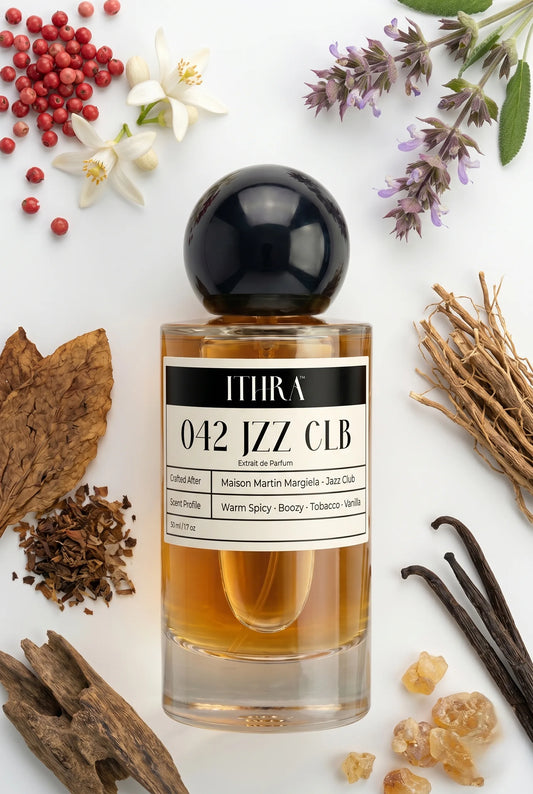 042 JZZ CLB perfume bottle styled with rum, tobacco leaf, vetiver and vanilla fragrance ingredients, bold, resinous, deep and sensual notes