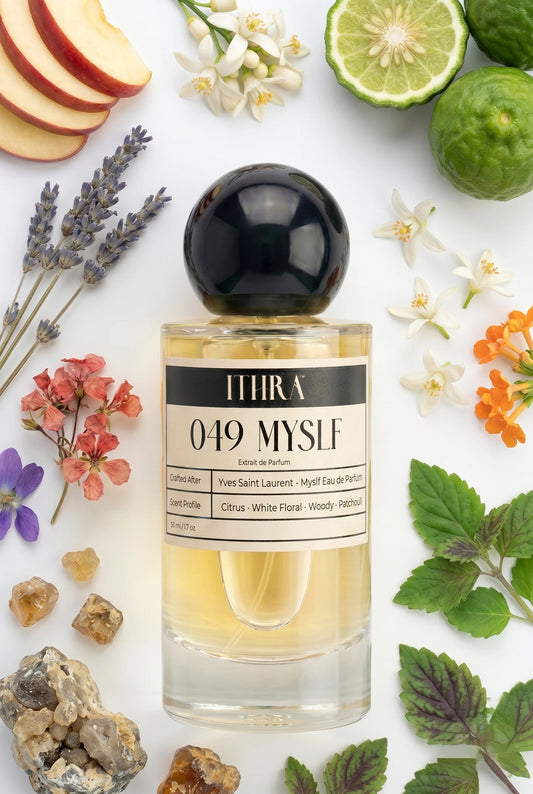 049 MYSLF perfume bottle styled with bergamot, orange blossom and patchouli fragrance ingredients, airy, grounded, fresh and radiant notes
