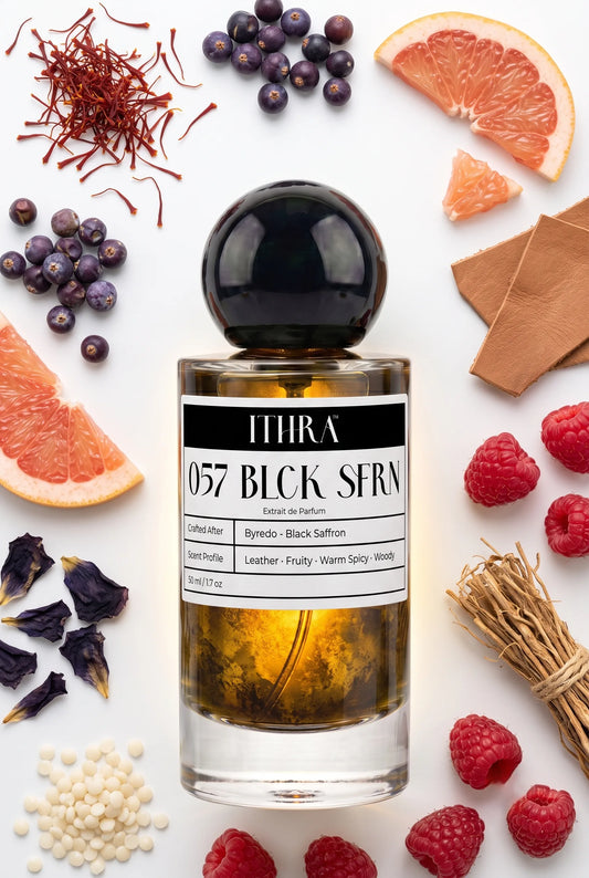 057 BLCK SFRN perfume bottle styled with saffron, juniper, black violet and raspberry fragrance ingredients, dark, tactile, deep and sensual notes