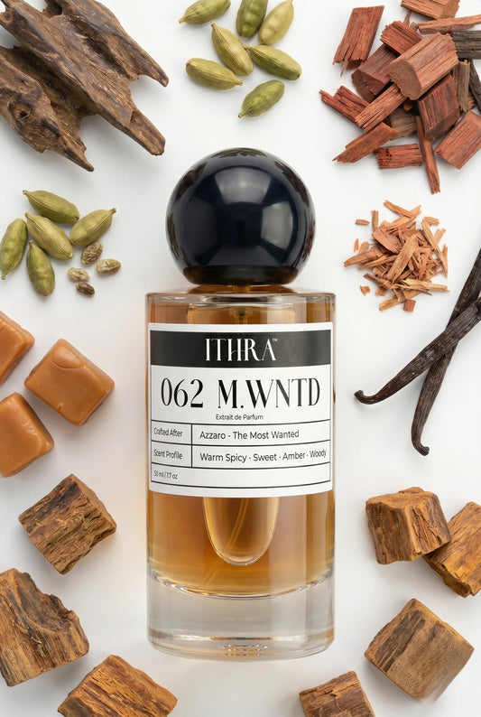 062 M.WNTD perfume bottle styled with cardamom, toffee and amberwood fragrance ingredients, dark, addictive, deep and sensual notes