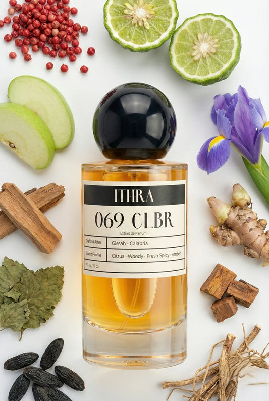 069 CLBR perfume bottle styled with aromatic woody and spicy fragrance ingredients, bold, refined, fresh and radiant notes