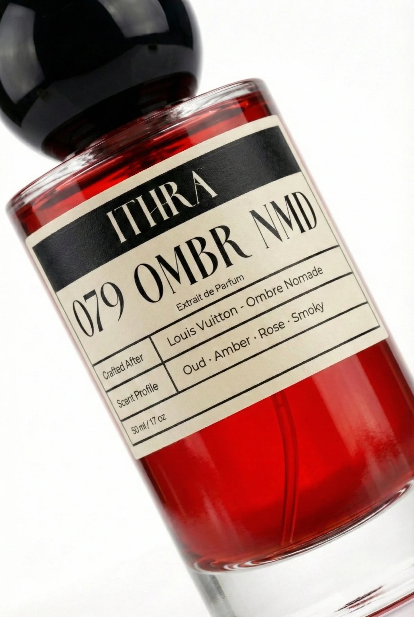 Close-up of 079 OMBR NMD perfume by Ithra, oud amber rose smoky perfume, available in 50ml and 100ml