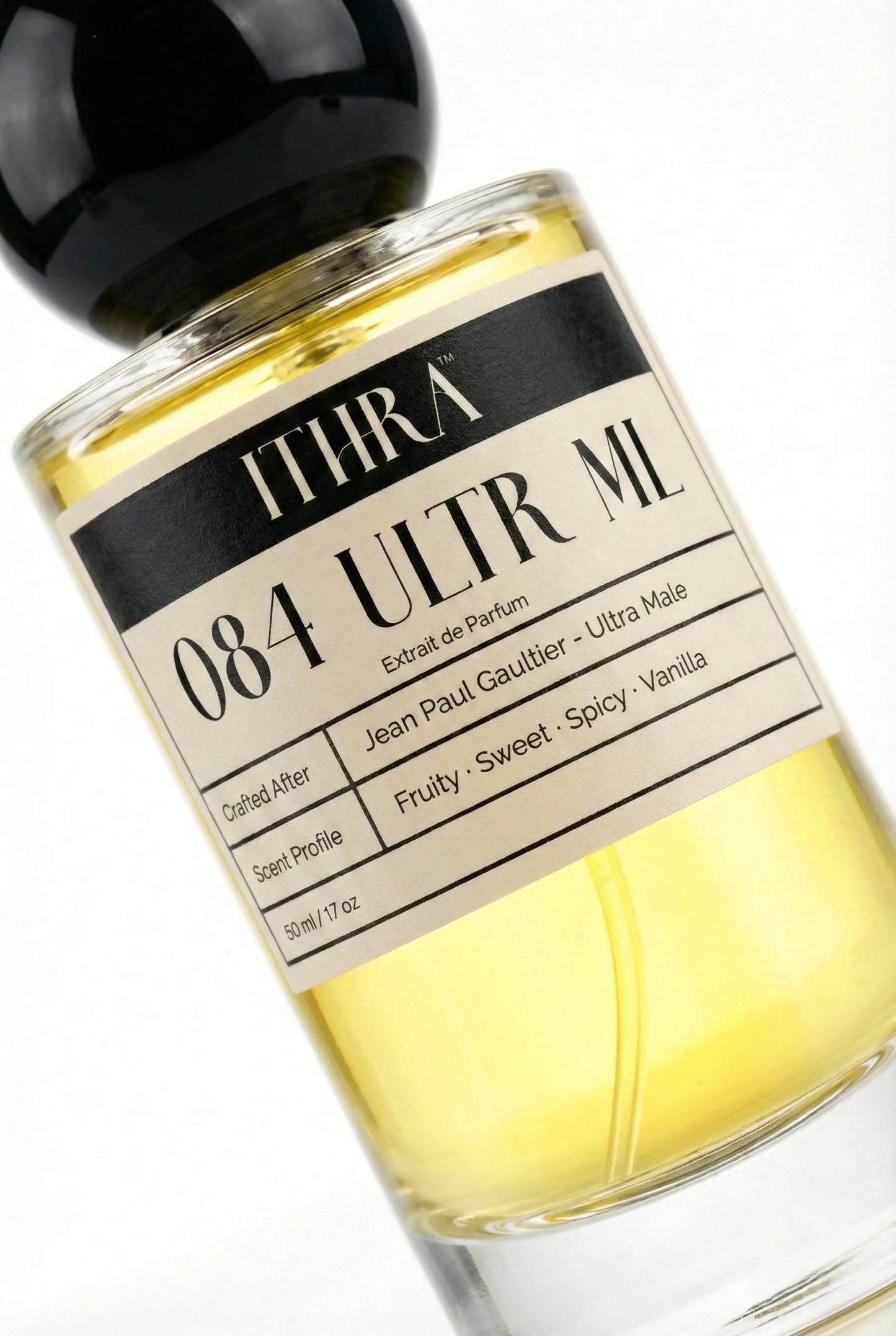 Close-up of 084 ULTR ML perfume by Ithra Perfumes, fruity sweet spicy vanilla perfume, available in 50ml and 100ml