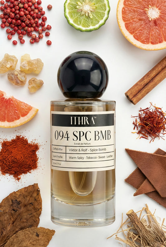 094 SPC BMB perfume bottle styled with pink pepper cinnamon saffron tobacco leather vetiver fragrance ingredients, fiery, textured, deep and sensual notes
