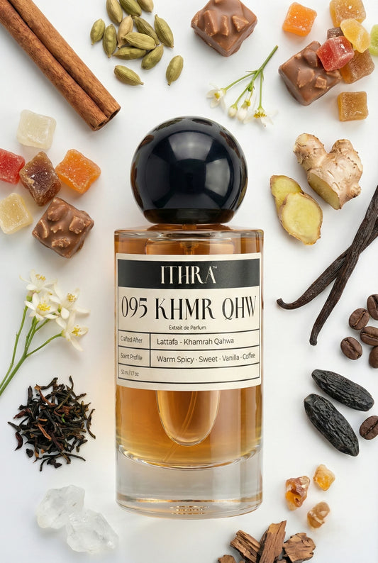 095 KHMR QHW perfume bottle styled with cinnamon cardamom ginger praline vanilla coffee tonka bean benzoin fragrance ingredients, fiery, indulgent, deep and sensual notes