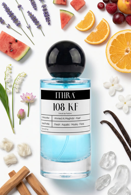 108 KF perfume bottle styled with watermelon, lotus, jasmine and white musk fragrance ingredients, serene, clean, fresh and radiant notes.