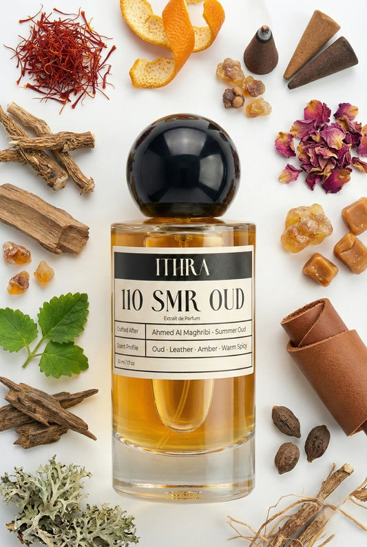 110 SMR OUD perfume bottle styled with saffron mandarin rose cashmere wood amber patchouli oud leather vetiver fragrance ingredients, golden, magnetic, deep and sensual notes
