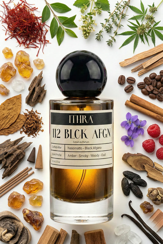 112 BLCK AFGN perfume bottle styled with saffron tobacco coffee oud amber guaiac wood fragrance ingredients, dark, immersive, deep and sensual notes