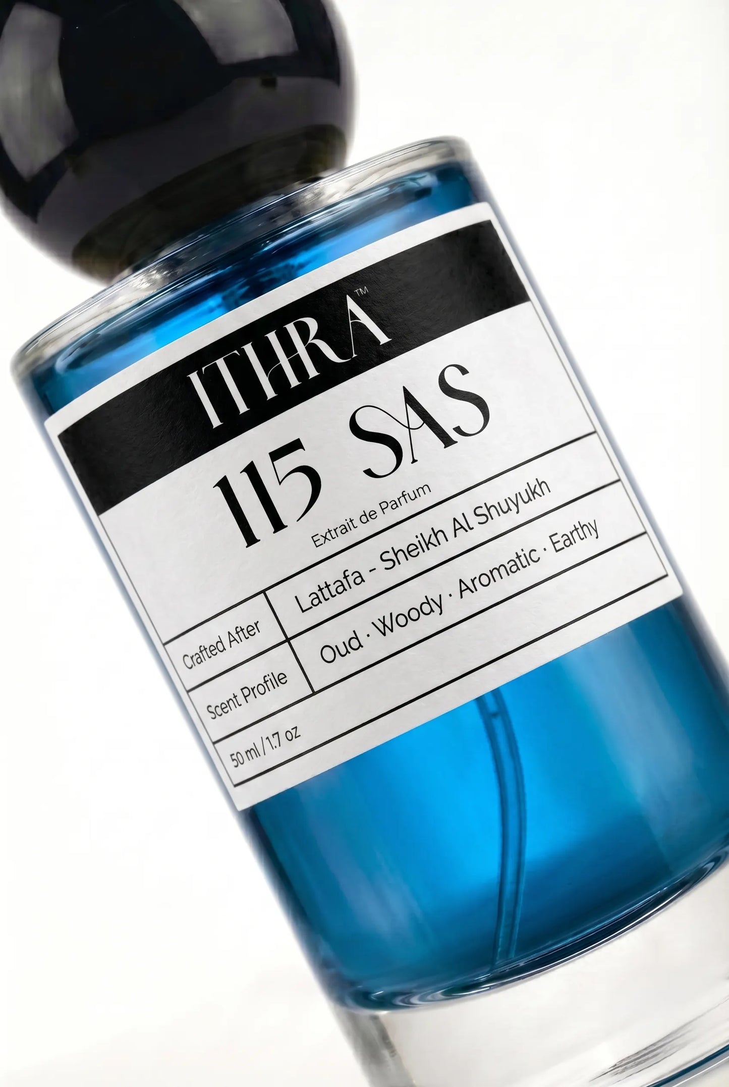 Close-up of 115 SAS perfume by Ithra Perfumes, oud woody aromatic earthy, available in 50ml and 100ml