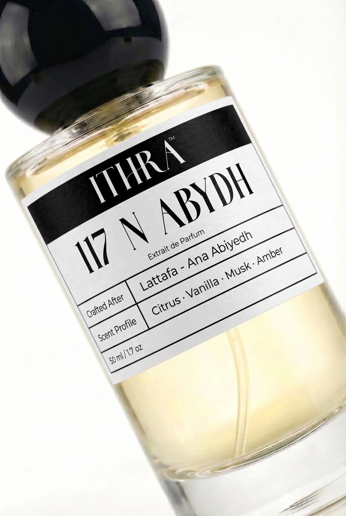 Close-up of 117 N ABYDH perfume by Ithra Perfumes, citrus vanilla musky amber, available in 50ml and 100ml