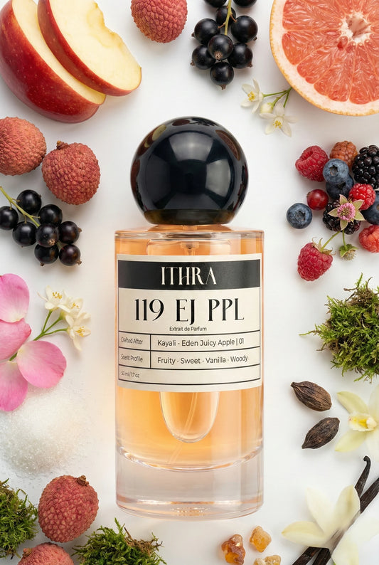 119 EJ PPL perfume bottle styled with red apple litchi black currant pink grapefruit jasmine May rose vanilla amber moss fragrance ingredients, juicy, fresh and radiant notes