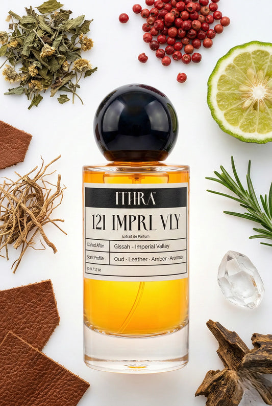 121 IMPRL VLY perfume bottle styled with bergamot pink pepper agarwood rosemary leather vetiver fragrance note ingredients, earthy and refined notes