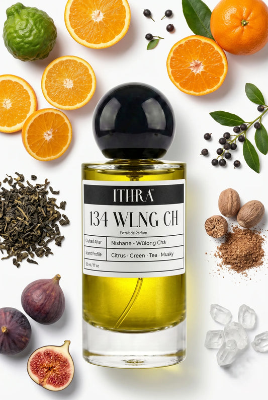 134 WLNG CH perfume bottle styled with bergamot, oolong tea, fig and musk fragrance ingredients, clean, meditative, fresh and radiant notes.