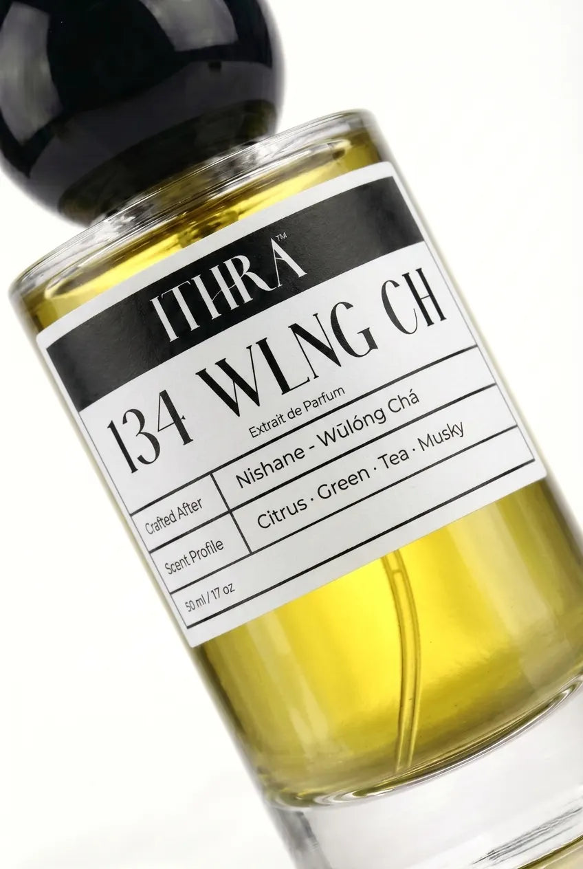 Close-up of 134 WLNG CH perfume label by Ithra Perfumes, citrus green tea musky, available in 50ml and 100ml