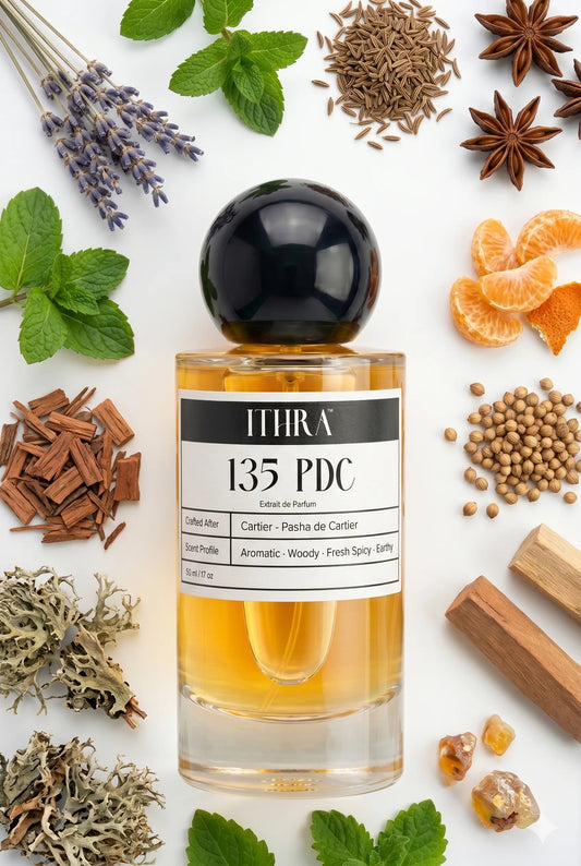 135 PDC perfume bottle styled with lavender, mint, patchouli and oakmoss fragrance ingredients, herbal, grounding, earthy and refined notes