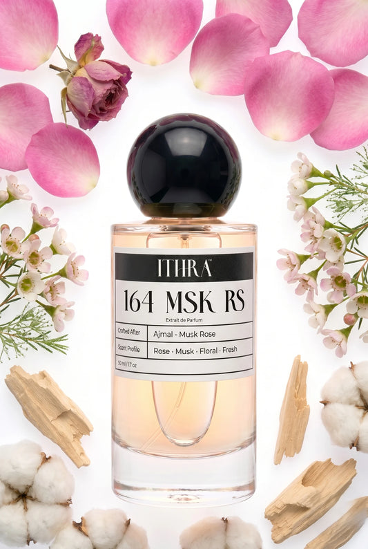 164 MSK RS perfume bottle styled with fresh rose petals and soft musk fragrance ingredients, dewy, elegant, soft and alluring notes