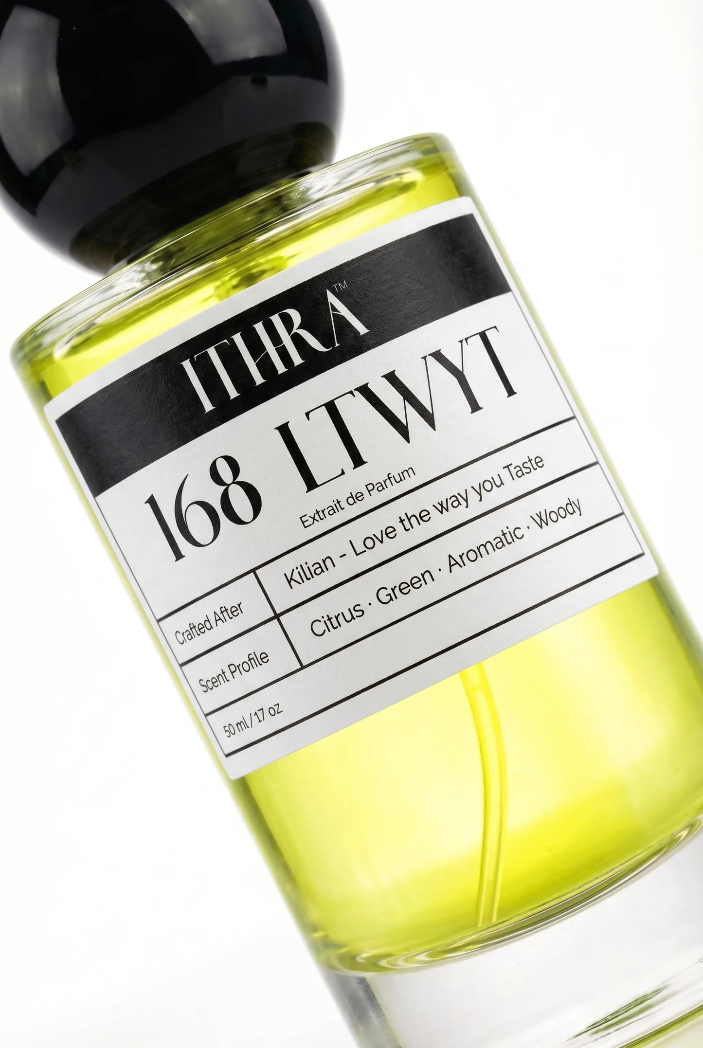 Close-up of 168 LTWYT perfume by Ithra, citrus green aromatic woody, available in 50ml and 100ml