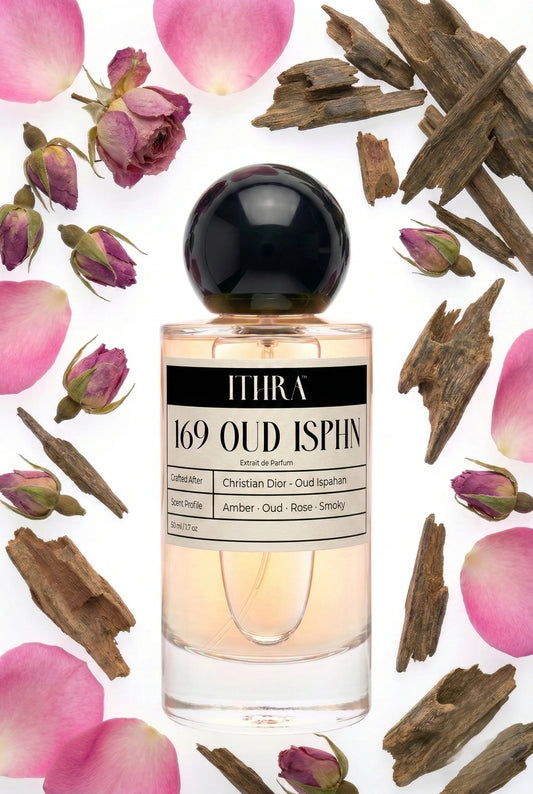 169 OUD ISPHN perfume bottle styled with rose agarwood myrrh resin smoke fragrance ingredients, resinous, deep and sensual notes