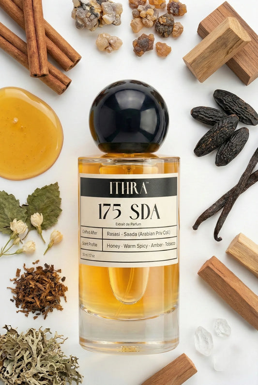 175 SDA perfume bottle styled with cinnamon honey myrrh tonka bean tobacco sandalwood fragrance ingredients, warm, indulgent, deep and sensual notes