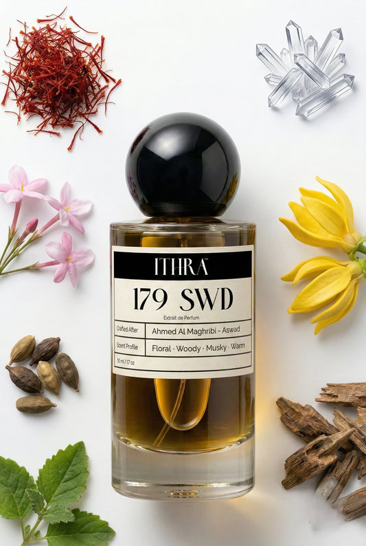 179 SWD perfume bottle styled with saffron pink jasmine ylang-ylang musk patchouli fragrance ingredients, smooth, earthy, deep and sensual notes