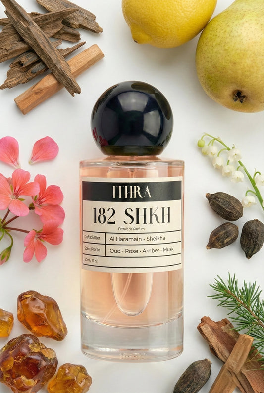 182 SHKH perfume bottle styled with rose geranium agarwood sandalwood amber cedar musk fragrance ingredients, velvety, grounding, deep and sensual notes