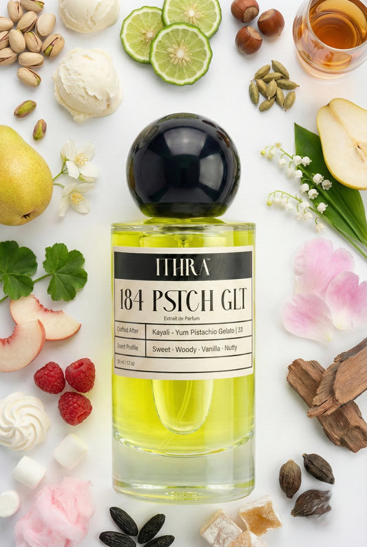 184 PSTCH GLT perfume bottle styled with pistachio hazelnut bergamot jasmine pear tonka bean sandalwood cacao fragrance note ingredients, rich, dessert-like, soft and alluring notes