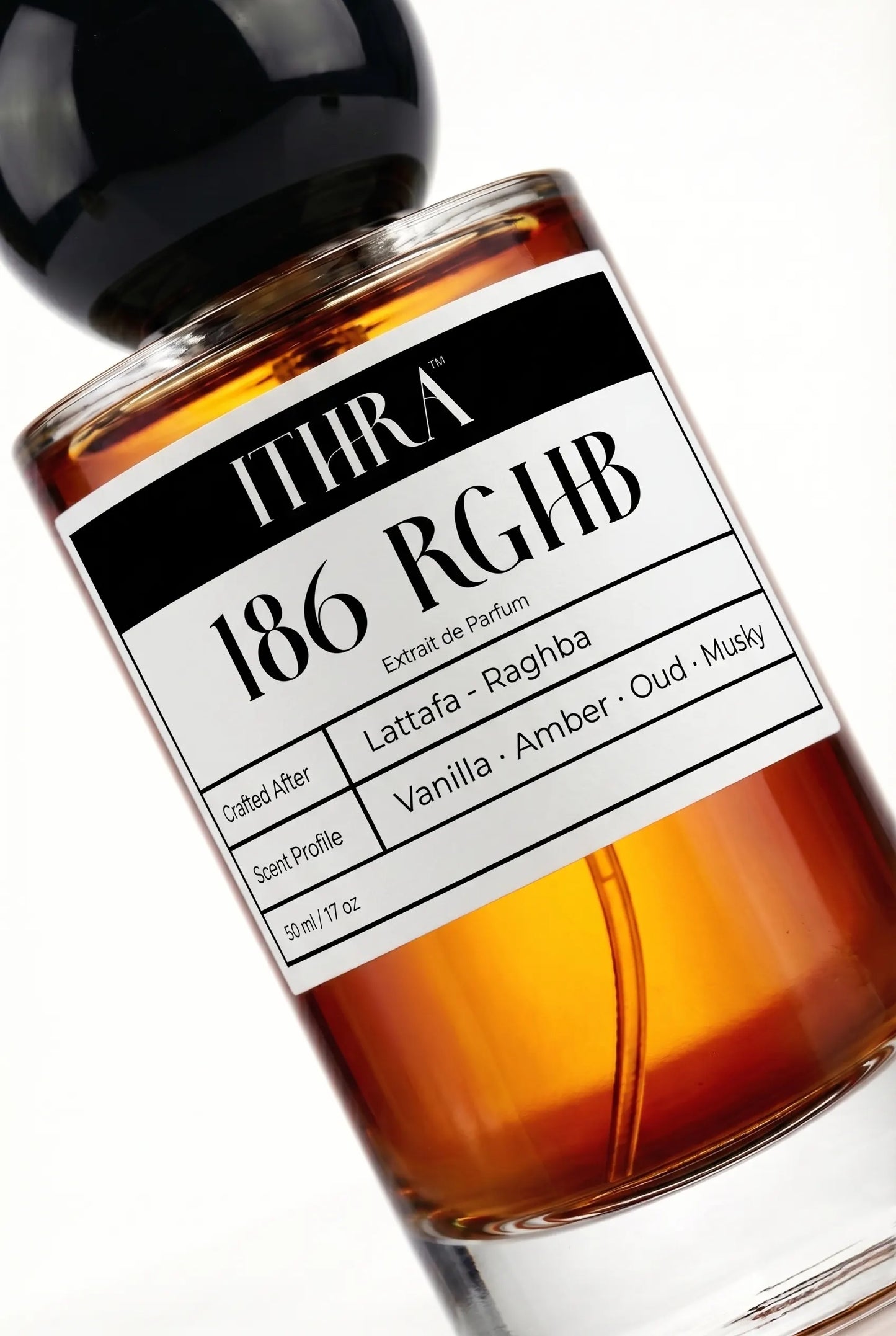 Close-up of 186 RGHB by Ithra Perfumes, vanilla amber oud musky, available in 50ml and 100ml