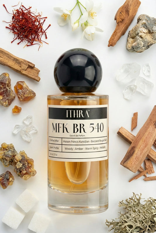 BR 540 perfume bottle styled with saffron jasmine amberwood ambergris cedar fir resin oakmoss fragrance ingredients, luminous, warm, deep and sensual notes
