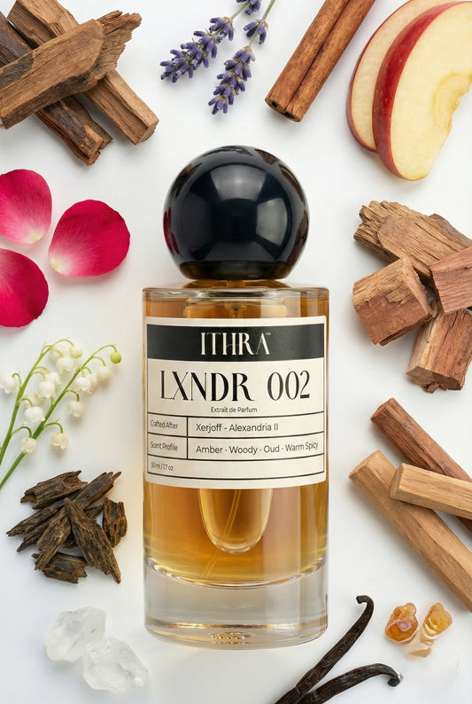 LXNDR 002 perfume bottle styled with rosewood lavender cinnamon rose cedar agarwood sandalwood amber vanilla fragrance ingredients, rich, refined, deep and sensual notes
