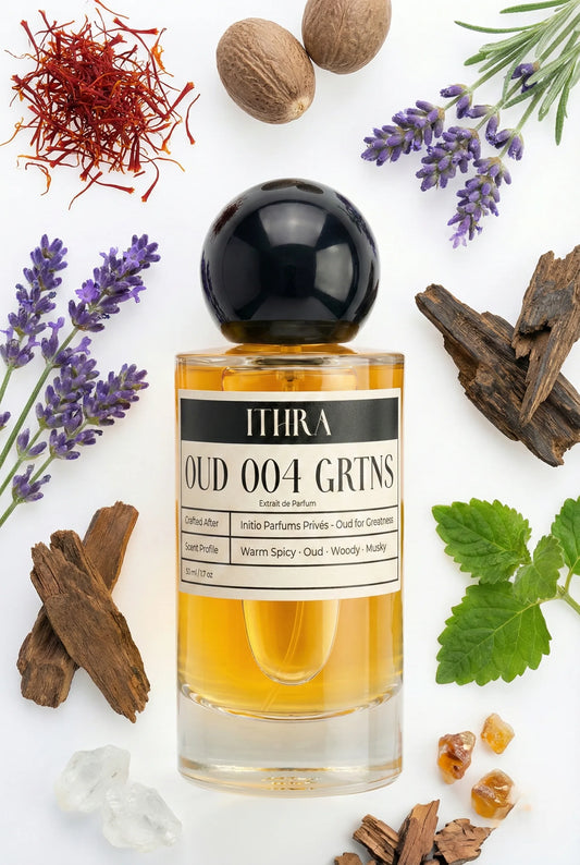 OUD 004 GRTNS perfume bottle styled with saffron nutmeg lavender agarwood patchouli musk fragrance ingredients, rich, grounding, deep and sensual notes