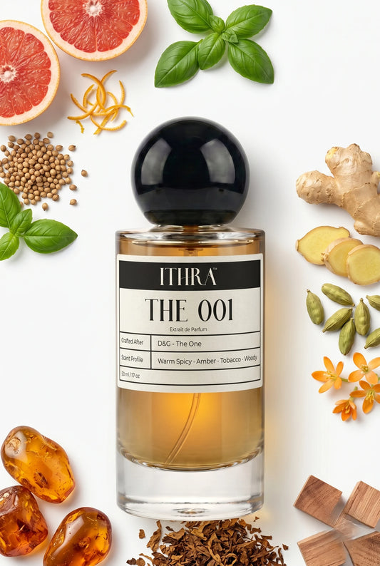 THE 001 perfume bottle styled with grapefruit, cardamom, tobacco and cedar fragrance ingredients, spiced, golden, deep and sensual notes