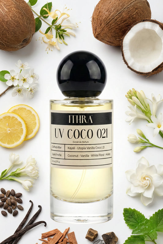 UV COCO 021 perfume bottle styled with coconut milk tuberose jasmine sambac gardenia bourbon vanilla sandalwood fragrance ingredients, lush, comforting, soft and alluring notes