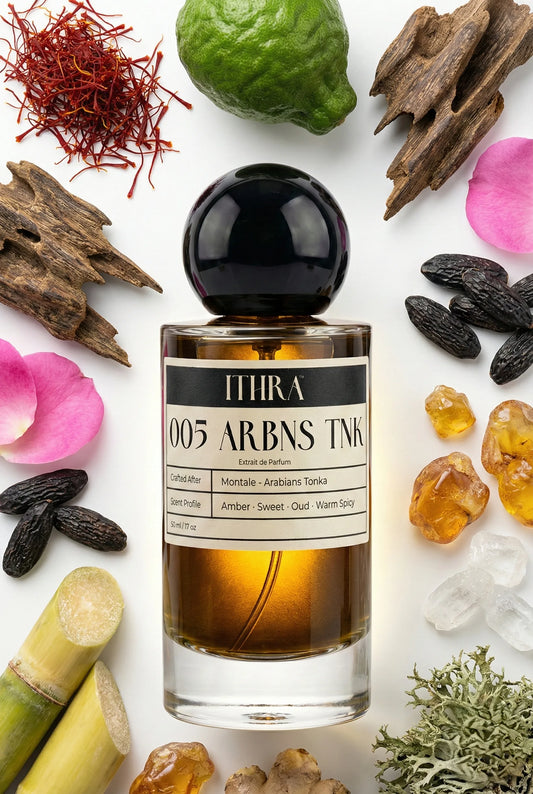 005 ARBNS TNK perfume bottle styled with saffron bergamot agarwood Bulgarian rose tonka bean amber fragrance ingredients, rich, smoky, deep and sensual notes