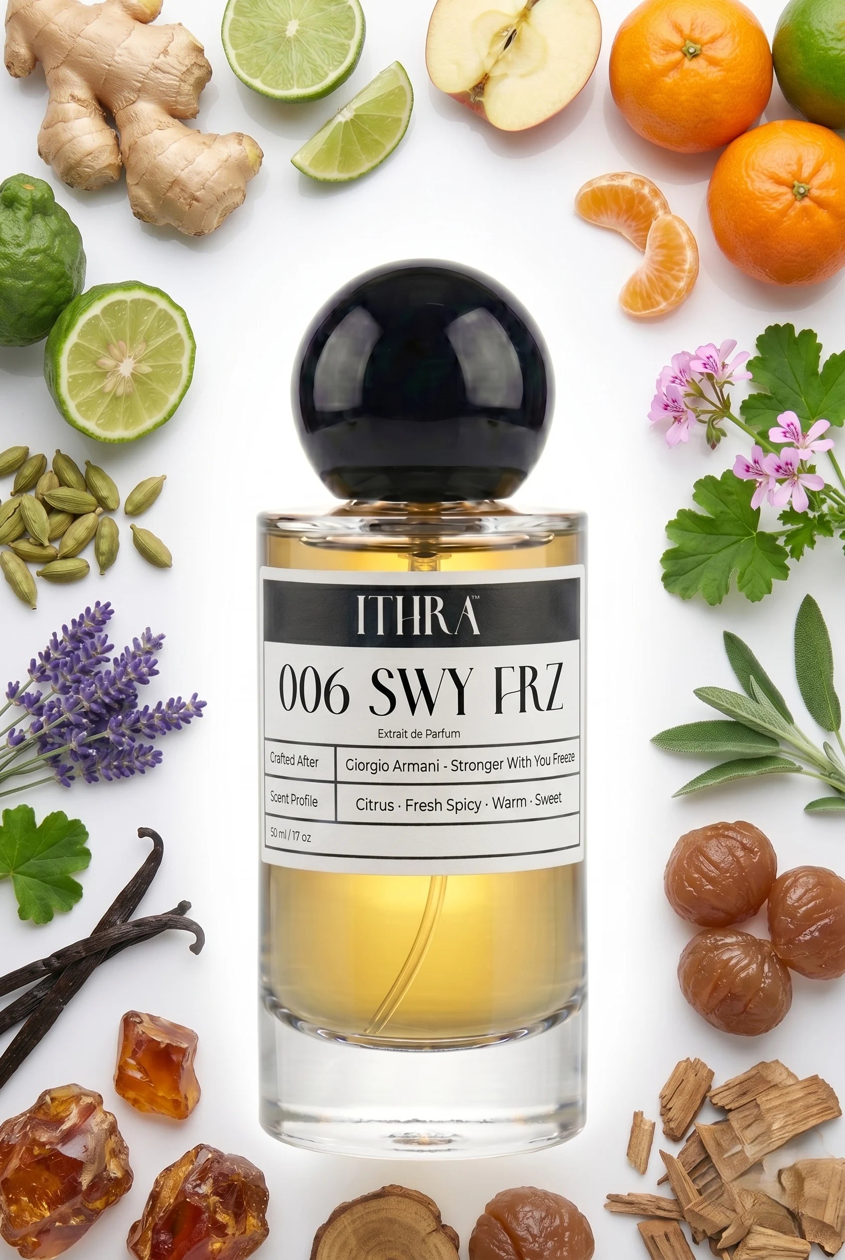 006 SWY FRZ perfume bottle styled with ginger, cardamom, lavender and vanilla fragrance ingredients, spiced, creamy, fresh and radiant notes