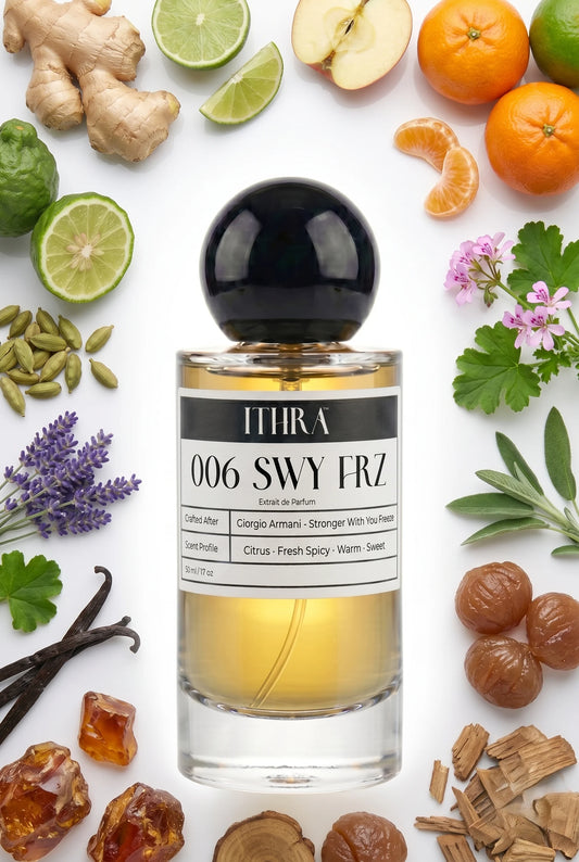 006 SWY FRZ perfume bottle styled with ginger, cardamom, lavender and vanilla fragrance ingredients, spiced, creamy, fresh and radiant notes