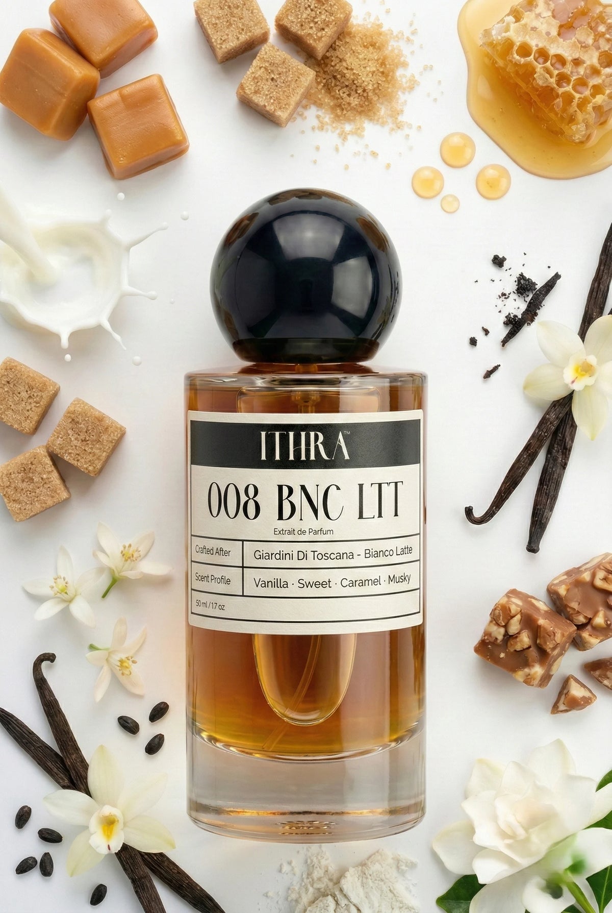 008 BNC LTT perfume bottle styled with caramel honey coumarin vanilla white musk fragrance ingredients, creamy, indulgent, soft and alluring notes