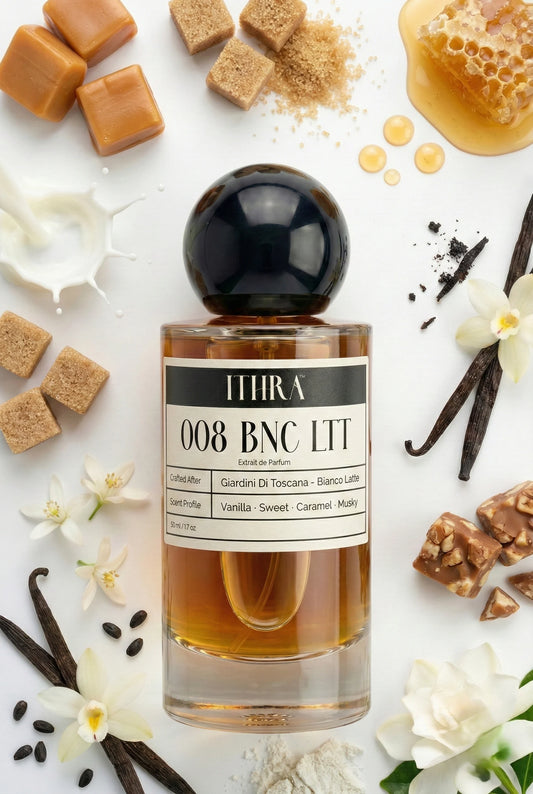 008 BNC LTT perfume bottle styled with caramel honey coumarin vanilla white musk fragrance ingredients, creamy, indulgent, soft and alluring notes