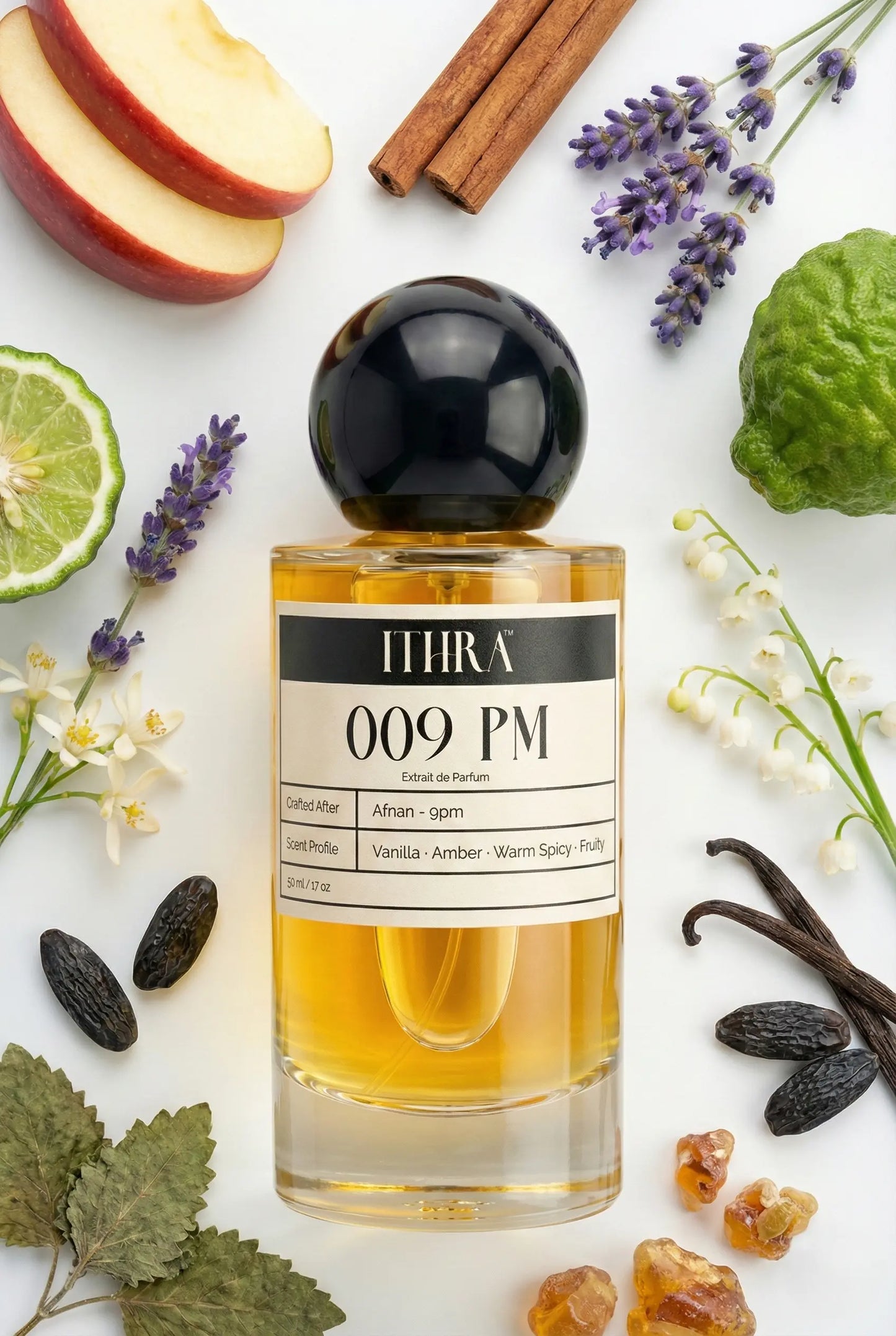 009 PM perfume bottle styled with warm spicy, fruity and amber fragrance ingredients, rich, enveloping, deep and sensual notes 