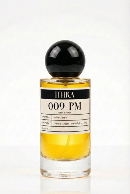 009 PM warm spicy amber perfume for men by Ithra Perfumes, deep and sensual