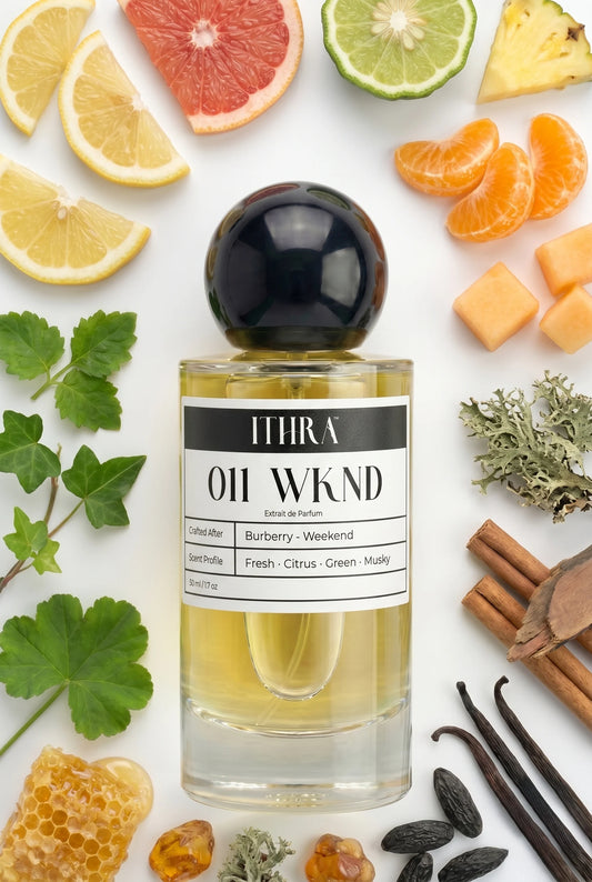011 WKND perfume bottle styled with lemon, grapefruit, ivy and oakmoss fragrance ingredients, crisp, airy, fresh and radiant notes