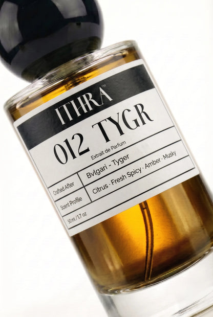 Close-up of 012 TYGR perfume by Ithra, citrus fresh spicy amber musky, available in 50ml and 100ml